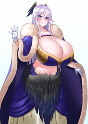  bird_wings black_feathers black_wings blue_cape blue_eyes breasts cape cleavage efreet fallen_angel feathered_wings feathers female fur-trimmed_cape fur_trim head_wings highres huge_breasts long_hair low_wings mole mole_under_mouth monster_girl navel original smile solo white_hair wings 