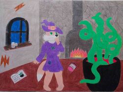  4:3 anthro blush book bottle canid canine cauldron cheek_tuft chemicals clothing container covering covering_mouth facial_tuft feet female fennec_fox fire fireplace fluffy fluffy_tail fox fur green_eyes hat headgear headwear hi_res magic_user mammal moustruct paws purple_clothing purple_hat purple_headwear robe runic_text spellbook stone_wall tail tan_body tan_fur tentacle torn_clothing true_fox tuft wall_(structure) window witch witch_hat zofie_(zofia) 