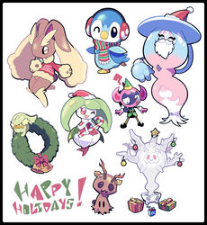  :&gt; :d ? absurdres animal_ears antlers artsy-rc belt black_border border bow candy candy_cane christmas christmas_ornaments christmas_present christmas_sweater christmas_wreath clothed_pokemon coat comfey commentary cursola deer_ears earmuffs english_commentary english_text fake_animal_ears fake_beard fake_facial_hair food furry gift green_coat green_headwear green_scarf happy_holidays hat hatterene highres holding holding_candy holding_candy_cane holding_food horns impidimp long_sleeves looking_at_viewer lopunny mimikyu multicolored_clothes multicolored_scarf one_eye_closed open_mouth piplup pointy_hat pokemon pokemon_(creature) red_bow red_headwear red_scarf red_sweater reindeer_antlers santa_hat scarf signature smile steenee striped_clothes striped_scarf sweater white_background wreath 