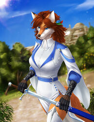  2022 anthro biped blue_eyes brown_nose canid canine clothed clothing detailed_background elvofirida female fox hair hi_res holding_melee_weapon holding_object holding_sword holding_weapon mammal melee_weapon outside plant red_fox samantha_(syronck01) sky solo standing sword tree true_fox uniform weapon 