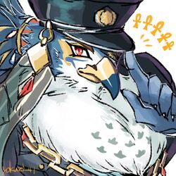  1:1 accipitrid accipitriform ankh anthro avian beak bird blue_body blue_feathers chains chest_tuft cop_hat eagle ear_piercing ear_ring eye_patch eyewear feathers hair hi_res horus_(tas) lifewonders male piercing police ponytail ring_piercing solo tokyo_afterschool_summoners tuft white_body white_feathers yokuzi_41 