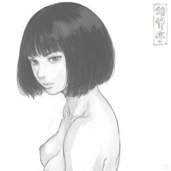  artist_logo bob_cut breasts closed_mouth female from_side greyscale large_breasts looking_at_viewer looking_to_the_side monochrome nipples nude original short_hair shu-mai simple_background solo white_background 