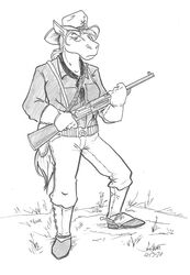  2020 anthro boots bottomwear carbine clothing equid equine female footwear gloves greyscale handwear hat headgear headwear holding_object holding_weapon horse kerchief krag-jorgensen looking_at_viewer mammal monochrome neckerchief outside pants ranged_weapon red_shetland simple_background solo spats spurs standing uniform weapon 