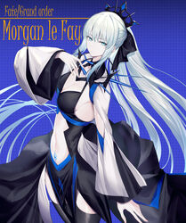  absurdres aqua_eyes bad_id bad_pixiv_id black_dress clothing_cutout dress fate/grand_order fate_(series) female grey_hair highres kurogiri long_hair morgan_le_fay_(fate) navel pubic_tattoo stomach_cutout tattoo very_long_hair 