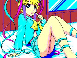  1980s_(style) 8-bit arm_support blonde_hair blue_eyes blue_hair blue_serafuku blue_shirt blue_skirt bow chouzetsusaikawa_tenshi-chan commentary_request dithering eencya female finger_to_cheek hair_ornament hairbow heart heart_hair_ornament indoors internet_yamero leg_belt long_hair long_sleeves looking_at_viewer multicolored_hair multicolored_nails multiple_hair_bows needy_girl_overdose official_art on_bed pink_bow pink_hair pink_nails pixel_art pleated_skirt purple_bow quad_tails retro_artstyle sailor_collar school_uniform serafuku shirt sitting skirt smile solo very_long_hair window yellow_bow yellow_nails 