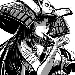  armor bandaged_arm bandages commentary_request female fingerless_gloves gloves greyscale hat helmet japanese_armor kabuto_(helmet) long_hair looking_at_viewer monochrome mouth_hold oboro_muramasa ruukii_drift simple_background single_glove solo torahime upper_body white_background 