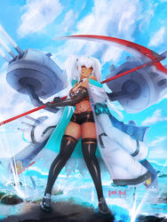  absurdres alabama_(azur_lane) artillery artist_name azur_lane black_footwear black_gloves black_shorts black_thighhighs blue_sky breasts coat dark-skinned_female dark_skin day elbow_gloves facial_tattoo female full_body gloves highres holding holding_scythe large_breasts long_hair micro_shorts open_clothes open_coat red_eyes rideth_mochi rigging scythe shorts skindentation sky solo tattoo thighhighs turret twintails unzipped water white_coat white_hair 