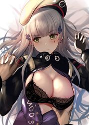  1boy bed_sheet beret black_bra black_gloves black_headwear blunt_bangs blush bra breasts cleavage closed_mouth commentary_request female from_above girls&#039;_frontline gloves goggles goggles_around_neck grabbing grabbing_another&#039;s_breast green_eyes grey_hair hair_ornament hat highres hk416_(girls&#039;_frontline) holding_another&#039;s_wrist holding_hands interlocked_fingers jacket large_breasts long_sleeves looking_back looking_to_the_side lying on_back open_clothes open_jacket pov purple_jacket shrug_(clothing) solo_focus straight take_(trude1945oneetyan) underwear upper_body 