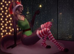  2020 absurd_res anthro brown_body brown_fur brown_hair canid canine chest_tuft christmas christmas_clothing christmas_headwear christmas_lights clothed clothing crossdressing digital_media_(artwork) digital_painting_(artwork) femboy footwear foshka fur hair hat headgear headwear hi_res holidays knee_highs knee_socks legwear leotard licoricefairy male mammal maned_wolf multicolored_body multicolored_fur multicolored_hair night on_ground pattern_clothing pattern_footwear pattern_legwear pattern_socks santa_hat snow snowing socks solo sparkler striped_clothing striped_footwear striped_knee_socks striped_legwear striped_socks stripes tan_body tan_fur tan_hair tuft window 