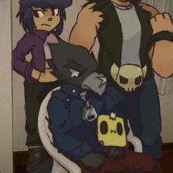  album_cover album_redraw angry anthro avian beak beak_scar belt_buckle bibi_(brawl_stars) biisutaro bird black_bottomwear black_clothing black_hair black_jeans black_pants blue_clothing blue_hair blue_jacket blue_topwear bottomwear brawl_stars buckle bull_(brawl_stars) chair clothing corvid corvus_(genus) cover crow crow_(brawl_stars) denim denim_bottomwear denim_clothing feathers female fist furniture grey_body grey_feathers group hair hand_on_hip human jacket jeans leather leather_clothing leather_jacket leather_topwear looking_away looking_down male mammal mask noise oscine out_of_frame pants passerine pink_clothing pink_shirt pink_tank_top pink_topwear post-it_note purple_clothing purple_jacket purple_topwear red_bottomwear red_clothing red_pants shirt sitting standing supercell_(company) tank_top thekidlaroi topwear torn_clothing trio wristband 