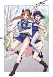  5girls arm_up bare_tree baton_(weapon) belt black_belt black_footwear black_hair black_leotard black_necktie blonde_hair blue_eyes blue_headwear blue_leotard blue_sailor_collar blue_shirt blue_skirt blunt_bangs blunt_ends boots breasts brown_eyes brown_footwear brown_hair centauroid collared_shirt commentary_request commission expandable_baton faceless faceless_female female_service_cap full_body gloves grey_hair hair_ribbon hat high_heels highres holding holding_baton_(weapon) holding_reins holding_weapon horns horseback_riding jacket jitte knee_boots leotard long_hair long_sleeves low-tied_long_hair man_catcher medium_breasts monster_girl multiple_girls multiple_legs nakata_shizu neckerchief necktie open_mouth original parted_bangs police police_hat police_uniform policewoman red_neckerchief reins ribbon riding road running sailor_collar school_uniform serafuku shirt short_hair short_sleeves side_slit sidelocks skeb_commission skirt socks standing street sweat taur teeth thighhighs tree twintails uniform upper_teeth_only walkie-talkie weapon white_gloves white_jacket white_socks white_thighhighs wrist_cuffs 