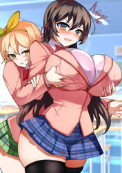  2girls absurdres angry black_thighhighs blue_skirt bow bra bra_visible_through_clothes breast_envy breasts ceiling chair chalkboard collared_shirt commentary_request commission desk grabbing grabbing_another&#039;s_breast grabbing_from_behind green_skirt hair_between_eyes hair_ribbon hairbow highres huge_breasts jacket kawaikereba_hentai_demo_suki_ni_natte_kuremasu_ka? koga_yuika long_hair long_sleeves multiple_girls open_mouth pink_jacket pixiv_commission plaid plaid_skirt pleated_skirt purple_bra ribbon school_chair school_desk school_uniform see-through see-through_shirt shirt skirt standing thighhighs tiamat_(momokuri_mannen) tokihara_sayuki underwear variant_set white_shirt zettai_ryouiki 