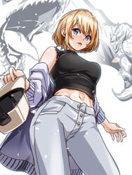  baseball_cap black_shirt blue_eyes blush breasts buttons commentary_request contrapposto cowboy_shot crop_top dragon female from_below grey_pants grey_shirt hat highres holding holding_clothes holding_hat light_brown_hair looking_at_viewer medium_bangs medium_breasts midriff multicolored_hair nanashi_inc. navel official_alternate_costume open_mouth orange_hair pants shirt shirt_partially_removed short_hair sleeveless sleeveless_shirt smile solo tomo_tomotosix touri_sei touri_sei_(2nd_costume) two-tone_hair unworn_hat unworn_headwear virtual_youtuber white_background 