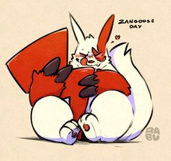  ambiguous_gender anthro biped claws fur generation_3_pokemon heart_symbol hi_res licking licking_lips looking_at_viewer nintendo pawpads pokemon pokemon_(species) raburigaron red_body red_eyes red_fur sitting sitting_on_ground solo tail tongue tongue_out white_body white_fur zangoose 