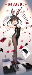  ace_(playing_card) ace_of_clubs ace_of_hearts animal_ears black_bow black_bowtie black_footwear black_hair black_leotard black_pantyhose bow bowtie breasts card checkered_floor club_(shape) commentary detached_collar diamond_(shape) eight_of_spades english_commentary feline female five_of_clubs four_of_hearts full_body gloves heart high_heels highres joker_(playing_card) king_(playing_card) king_of_spades leotard magician medium_hair minamura_haruki oerba_yun_fang original pantyhose playboy_bunny playing_card rabbit_ears rabbit_tail silhouette six_of_spades skin_fang small_breasts smile solo spade_(shape) strapless strapless_leotard tail ten_of_diamonds three_of_diamonds three_of_hearts three_of_spades twintails two_of_diamonds white_gloves wrist_cuffs yellow_eyes 