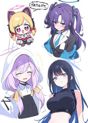  4girls animal_ear_headphones animal_ears atsuko_(blue_archive) black_hair black_shirt black_skirt blonde_hair blue_archive blue_eyes blue_hair blue_halo blue_necktie blush bow breasts cat_tail closed_eyes closed_mouth collared_shirt colored_inner_hair deadnooodles death_momoi_(meme) fake_animal_ears flat_chest hairbow halo headphones highres hood hood_up hooded_jacket jacket long_hair mechanical_halo medium_breasts meme momoi_(blue_archive) multicolored_hair multiple_girls necktie open_mouth pink_halo pleated_skirt purple_eyes purple_hair purple_halo red_bow red_eyes saori_(blue_archive) shirt short_hair simple_background skirt sleeveless sleeveless_shirt smile suit tail white_background white_jacket white_shirt yuuka_(blue_archive) 