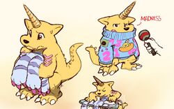  animal_skin anthro bandai_namco clothing dahecksajerry digimon digimon_(species) electronics english_text gabumon horn humor ironing_board male microphone sweater text topwear yellow_body 