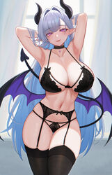  absurdres armpits arms_up black_bra black_choker black_horns black_panties blush bra breasts choker cleavage collarbone demon_girl demon_horns demon_tail demon_wings female floralmi garter_belt garter_straps hair_lift highres horns large_breasts long_hair looking_at_viewer low_wings mole mole_on_breast mole_on_thigh navel original panties pointy_ears purple_eyes smile solo tail underwear underwear_only white_hair wings 