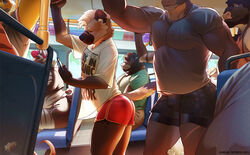  2023 american_bison anthro athletic athletic_male bison bottomwear bovid bovine bulge bus cattle cervine chai_(bisontote) clothed clothing commercial_vehicle conditional_dnp crocodile crocodilian crocodylid day deer detailed_background dolphin_shorts electronics elk fully_clothed fur group hair hi_res holding_object holding_phone hotpants hunter_(bigdumbmutt) hyena inside_bus larger_male light looking_at_object looking_at_phone male mammal muscular muscular_male oversized_clothing oversized_shirt oversized_topwear pace_(kazyote) phone public red_river_hog reptile rhett_(myrontheotter) river_pig scalie scar shirt shorts sini_(sinibun_95) sinibun_95 sitting size_difference smaller_male spotted_hyena striped_body striped_fur stripes suid suina sunlight tail text text_on_clothing text_on_shirt text_on_topwear topwear torfi vehicle 