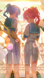  6+girls ahoge ayataka bag blonde_hair blue_hair blurry bokeh brown_hair cellphone comet commentary_request depth_of_field earbuds earphones earrings facing_away floral_print highres holohoneygaoka_high_school_uniform holohoneygaoka_koukou hololive horns hoshimachi_suisei jewelry kazama_iroha la+_darknesss light_particles long_hair multiple_girls murasaki_shion nakiri_ayame official_alternate_costume oozora_subaru phone pink_hair ponytail red_hair sakura_miko school_bag school_uniform see-through_silhouette shared_earphones sharing smartphone takane_lui train_station virtual_youtuber white_hair wind 