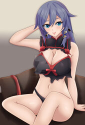  absurdres alternate_breast_size alternate_costume arm_behind_head artist_name black_bra black_panties blue_eyes blue_hair bra breasts cleavage closed_mouth couch fu_hua grey_hair hair_between_eyes hair_ornament highres honkai_(series) honkai_impact_3rd kozureokami20 large_breasts lingerie long_hair navel on_couch panties sitting smile stomach thighs underwear 