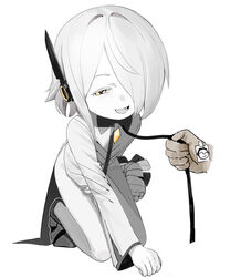  1boy absurdres bandaged_arm bandages black_bow black_bowtie black_footwear black_headphones blue_archive bow bowtie clenched_hands colored_skin disembodied_hand doodle_sensei_(blue_archive) dress female hair_over_one_eye headphones highres kneeling lazhuzelazhuze neck_ribbon_grab open_mouth sensei_(blue_archive) short_hair sof_(blue_archive) symbol-shaped_pupils white_background white_dress white_hair white_skin x-shaped_pupils yellow_eyes 