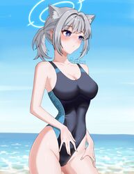  animal_ear_fluff animal_ears black_one-piece_swimsuit blue_archive blue_eyes blue_sky breasts cloud competition_swimsuit contrapposto covered_navel cross_hair_ornament day extra_ears female gradient_sky grey_hair hair_ornament halo highres horizon low_ponytail medium_breasts medium_hair mismatched_pupils multicolored_clothes multicolored_swimsuit ocean official_alternate_costume one-piece_swimsuit outdoors sharly shiroko_(blue_archive) shiroko_(swimsuit)_(blue_archive) sky solo swimsuit water wolf_ears 