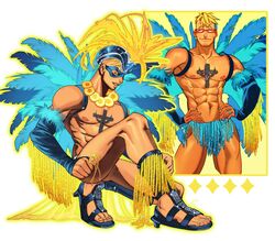  1boy abs anchor_tattoo bare_shoulders beard_stubble blonde_hair blue_feathers blue_footwear blue_headwear blue_male_underwear blue_mask bluefriedchick carnaval_do_brasil carnival chest_tattoo cowboy_shot detached_sleeves diamond_(shape) eye_mask facial_hair fake_wings feather-trimmed_sleeves feather_trim feathers food fruit full_body glasses glitter hands_on_own_hips headdress highres male_focus male_underwear marco_(one_piece) mohawk multiple_views muscular muscular_male nipples one_piece pectorals pineapple pineapple_necklace pineapple_slice rectangular_eyewear red-framed_eyewear revealing_clothes rhinestone samba sandals short_hair shoulder_strap smile sparkle stubble tassel tattoo toeless_footwear underwear wings yellow_feathers 