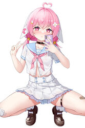  ahoge animal_ears atsuishio bandaid bandaid_on_ear bandaid_on_knee bandaid_on_leg bandaid_on_thigh belt_collar black_choker black_footwear blue_sailor_collar blush cellphone chinese_commentary choker closed_mouth collar collarbone commentary_request crossed_bangs embarrassed female floppy_ears flower frilled_skirt frills full_body hair_flower hair_ornament hairclip hands_up heart heart-shaped_pupils heart_ahoge high-waist_skirt highres holding holding_phone lop_rabbit_ears low_twintails mary_janes midriff navel neckerchief nervous nose_blush official_alternate_costume phone pink_eyes pink_hair pink_neckerchief pleated_skirt providence_project rabbit_ear_footwear rabbit_ears rabbit_hair_ornament sailor_collar school_uniform selfie serafuku shirako_(vtuber) shoes short_sleeves simple_background skirt smartphone smartphone_case socks solo squatting star_(symbol) star_hair_ornament symbol-shaped_pupils taking_picture thigh_strap twintails unbuttoned unbuttoned_shirt v virtual_youtuber white_background white_serafuku white_skirt white_socks 