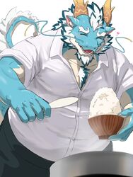  2024 3:4 age_difference akishogimi anthro belly blue_body blush bowl container dragon eyebrows food hair heart_symbol hi_res horn lifewonders male mature_male mythological_creature mythological_scalie mythology older_male overweight qinglong_(tas) rice scalie solo tail thick_eyebrows tokyo_afterschool_summoners white_hair 