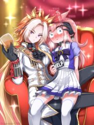  2girls absurdres agnes_digital_(umamusume) ahoge animal_collar animal_ears ascot black_ascot black_collar black_gloves blush bow bowtie carrot_juice collar commentary_request cup ear_covers ear_ornament english_text epaulettes eyes_visible_through_hair frilled_sleeves frills fur_trim g_(genesis1556) gameplay_mechanics gloves gradient_hair grey_eyes hair_intakes hairbow hand_on_another&#039;s_head heavy_breathing highres holding holding_cup horse_ears horse_girl juice leash light_brown_hair long_hair long_sleeves medal multicolored_hair multiple_girls nervous_sweating orfevre_(umamusume) pink_hair pleated_skirt puffy_short_sleeves puffy_sleeves purple_bow purple_bowtie purple_eyes purple_shirt red_bow sailor_collar school_uniform shirt short_sleeves single_ear_cover skirt slouching sparkle summer_uniform sweat thighhighs tracen_school_uniform translation_request trembling twitter_username umamusume very_long_hair visible_air watermark white_sailor_collar white_skirt white_thighhighs 