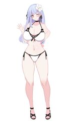  absurdres alternate_costume ass_visible_through_thighs azur_lane bare_shoulders bikini black_choker black_footwear blue_hair breasts choker closed_mouth dido_(azur_lane) female flower full_body hair_flower hair_ornament hand_up highres huge_breasts londom_(lonhomewell) long_hair looking_at_viewer navel one_eye_closed pink_eyes side-tie_bikini_bottom smile solo standing stomach swimsuit toes transparent_background waving white_bikini white_flower 