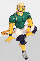  2021 abs anthro biceps black_clothing black_footwear black_socks blonde_hair bottomwear cheetah clothing compression_shorts deltoids felid feline footwear fur green_clothing green_eyes green_shirt green_topwear hair hi_res kuron logo long_ponytail looking_at_viewer male mammal markings muscular muscular_anthro muscular_male pecs pike_(kuron) ponytail shirt shoes shorts sneakers socks solo spots spotted_body spotted_fur topwear twunk under_armour white_bottomwear white_clothing white_footwear white_shoes white_shorts white_sneakers wristband yellow_body yellow_fur 