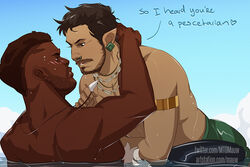  2boys artstation_username bara beard beard_stubble black_panther:_wakanda_forever blush commentary couple dark-skinned_male dark_skin earrings english_commentary english_text eye_contact face-to-face facial_hair full_beard imminent_kiss interracial jewelry looking_at_another m&#039;baku male_focus marvel marvel_cinematic_universe mature_male moustache mto multiple_boys mustache_stubble namor necklace_pull partially_submerged pectorals pointy_ears seductive_smile short_hair smile stubble thick_eyebrows toned toned_male topless_male tribal twitter_username undercut very_dark_skin web_address wet yaoi 