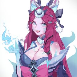  :d absurdres ahri_(league_of_legends) animal_ears bare_shoulders black_bow bow breasts cleavage facial_mark female fox_ears fox_girl fox_tail green_eyes hairbow highres holding_flame hui_shuijiao_de_yu large_breasts league_of_legends long_hair looking_at_viewer pink_bow red_hair shiny_skin smile snow_moon_ahri solo tail teeth upper_teeth_only whisker_markings 