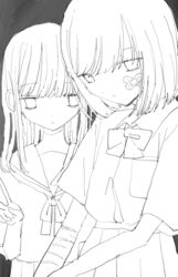  2girls bags_under_eyes bandaid bandaid_on_face bow bowtie closed_mouth collared_shirt cowboy_shot dot_mouth dot_nose empty_eyes grey_background greyscale hand_up looking_at_viewer monochrome multiple_girls neckerchief noroi_(rnatataki) original sailor_collar school_uniform self-harm_scar serafuku shirt short_sleeves simple_background skirt standing v 