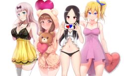  4girls absurdres alternate_costume animal_ears babydoll bare_arms bare_shoulders bear_ears black_bow black_hair black_panties blonde_hair blue_eyes blue_ribbon blunt_bangs blush bow box_wonderland breasts brown_hair brown_hoodie brown_shorts camisole cleavage collaboration collarbone dress fake_animal_ears feet_out_of_frame frilled_pillow frilled_shorts frills fujiwara_chika grey_background hair_between_eyes hair_ribbon hairbow hands_up hayasaka_ai heart heart-shaped_pillow highres holding holding_phone holding_pillow holding_stuffed_toy hood hood_up hoodie hugging_object iino_miko inverted_nipples kaguya-sama_wa_kokurasetai_~tensai-tachi_no_renai_zunousen~ large_breasts linatai long_hair looking_at_viewer medium_breasts multiple_girls navel panties parted_bangs phone pillow pink_dress pink_hair red_eyes ribbon roswell_ss see-through see-through_camisole shinomiya_kaguya shorts simple_background stuffed_animal stuffed_toy teddy_bear thighhighs underwear unsfrau white_thighhighs zettai_ryouiki 