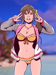  bikini brown_eyes brown_hair dave_cheung dead_or_alive dead_or_alive_xtreme_venus_vacation double_v female female_only large_breasts long_hair misaki_(doa) navel necklace open_jacket scrunchie side_ponytail slender_waist solo v 