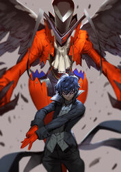  absurdres amamiya_ren arsene_(persona_5) ascot black_jacket commentary feathered_wings feathers gloves hat highres jacket jojaow looking_at_viewer mask persona persona_5 photoshop_(medium) red_gloves smile top_hat wings 