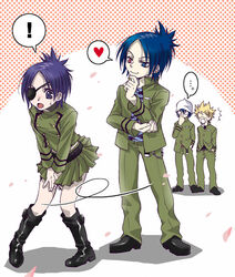  3boys belt black_hair blue_eyes blue_hair boots breasts chibi chrome_dokuro commentary_request dress eyepatch female hani_(yuricorno) joushima_ken kakimoto_chikusa katekyo_hitman_reborn! midriff multiple_boys purple_eyes purple_hair rokudou_mukuro school_uniform short_hair skirt smile 