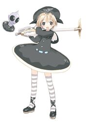  alien black_eyes blonde_hair character_request female flying_saucer hat konami_mecha_musume magical_girl mecha_musume open_mouth personification shimada_fumikane short_hair simple_background solo spacecraft standing striped_clothes striped_thighhighs thighhighs ufo white_background 