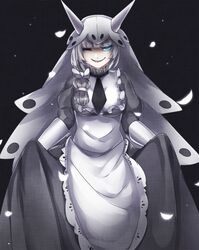  aggron aqua_eyes bad_id bad_pixiv_id cowboy_shot dress female grey_dress grey_hair grin headwear_request horns looking_at_viewer one_eye_closed personification pokemon sharp_teeth shikkoku_neko skirt_hold smile solo standing teeth 