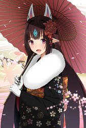  2019 animal_ears black_hair blush commentary_request female fox_mask highres japanese_clothes kasandra_(xenoblade) kimono long_hair looking_at_viewer mask mebi_il new_year obi open_mouth pointy_ears red_eyes sash simple_background smile solo umbrella xenoblade_chronicles_(series) xenoblade_chronicles_2 