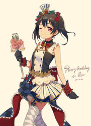  argyle_clothes argyle_legwear bare_arms black_gloves black_hair cafe_maid_(love_live!) commentary_request dated female garter_straps gloves happy_birthday highres huanxiang_heitu love_live! love_live!_school_idol_project microphone microphone_stand one_eye_closed photoshop_(medium) red_eyes sash shirt skirt smile solo thighhighs twintails yazawa_nico zettai_ryouiki 