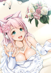  :d animal_ears aqua_eyes arm_warmers bare_shoulders black_footwear bouquet breasts bridal_gauntlets bride cat_ears cleavage collarbone commentary_request dress eyebrows female flower formal from_above ganari_ryuu gloves green_eyes hair_flower hair_ornament hands_up headphones headset heart heart_necklace highres jewelry large_breasts long_hair looking_up microphone motion_blur necklace open_mouth original out_of_frame pink_flower pink_hair pink_rose rose shoes smile solo_focus standing strapless strapless_dress super_tama_musume tamatoys tossing wedding wedding_dress white_dress white_flower white_gloves white_rose 