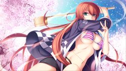  blush breasts character_request cherry_blossoms female game_cg green_eyes heart hishaku holding kami_no_rhapsody large_breasts long_hair navel open_clothes petals red_hair smile solo tree yakuri 