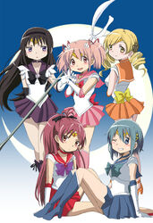  5girls akemi_homura arm_support back_bow bishoujo_senshi_sailor_moon bishoujo_senshi_sailor_moon_s black_bow black_hair blonde_hair blue_bow blue_choker blue_eyes blue_footwear blue_hair blue_sailor_collar blue_skirt boots bow brooch choker color_connection commentary_request cosplay crescent crescent_moon cross-laced_footwear drill_hair elbow_gloves glaive_(polearm) gloves hair_ornament hairband hairclip heart heart_brooch highres holding holding_polearm holding_weapon jewelry kaname_madoka knee_boots lace-up_boots long_hair magical_girl mahou_shoujo_madoka_magica mahou_shoujo_madoka_magica_(anime) miki_sayaka moon multiple_girls orange_choker orange_sailor_collar orange_skirt pink_choker pink_eyes pink_footwear pink_hair pink_sailor_collar polearm purple_bow purple_eyes purple_footwear purple_sailor_collar red_bow red_eyes red_hair red_sailor_collar red_skirt rino-ichigo sailor_chibi_moon sailor_chibi_moon_(cosplay) sailor_collar sailor_mars sailor_mars_(cosplay) sailor_mercury sailor_mercury_(cosplay) sailor_saturn sailor_saturn_(cosplay) sailor_senshi sailor_senshi_uniform sailor_venus sailor_venus_(cosplay) sakura_kyoko short_twintails silence_glaive skirt star_(symbol) star_brooch star_choker tiara tomoe_mami tsuki_ni_kawatte_oshioki_yo twin_drills twintails weapon white_gloves yellow_bow yellow_eyes 