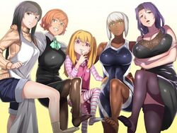  :3 apron bare_shoulders black_eyes black_hair blonde_hair blonde_hair blue_eyes breasts cleavage copyright_request curly_hair dark_skin erect_nipples feet green_eyes grin housewife large_breasts legs long_hair looking_at_viewer looking_down multiple_girls office_lady open_mouth orange_hair pantyhose purple_eyes purple_hair red_eyes sheer_legwear short_hair silver_hair socks soles striped_legwear turtleneck 