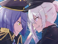  2girls bad_id bad_pixiv_id blue_background blue_hair commentary epaulettes grin hat highres higuchi_kaede higuchi_kaede_(8th_costume) katana looking_at_another military military_hat military_uniform mole mole_under_eye multiple_girls nijisanji ponytail purple_eyes shizuka_rin short_hair smile sword sword_clash sword_fight tsumayouji_(tumayog) uniform virtual_youtuber weapon white_hair yellow_eyes 