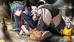  all_fours animal ass black_eyes boots cat_ears coin earrings eushully feet feline female from_behind game_cg green_hair headband highres jewelry kami_no_rhapsody legs long_hair looking_at_viewer mitsuki money pale_skin panties pink_eyes smile statue tail thighs treasure treasure_chest twintails underwear yakuri 